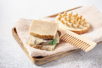 Aromatic Natural Soap. Different Handmade soap bars  on table. No plastic concept