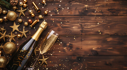 Fototapeta premium Christmas background with a champagne bottle, glasses. New Year celebration concept for card poster banner advertising