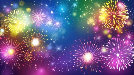 Naklejka premium Beautiful celebration golden, red, blue sparkling fireworks over starry sky. Holidays symbol background