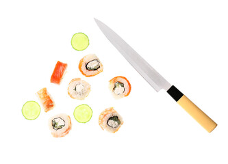 Tasty flying sushi rolls, cucumber and knife on white background