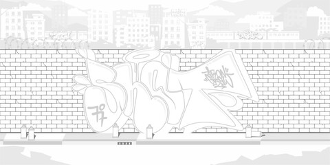 Obraz premium Abstract Brick Wall With Street Art Graffiti Drawing Coloring Page With Background Of The Cityscape