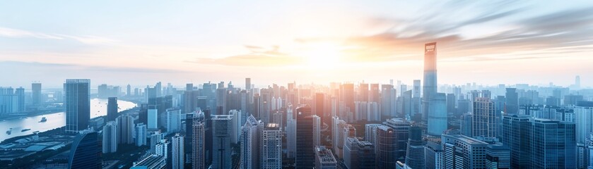 Fototapeta premium Magazine style cover image of a cityscape at dusk with a prominent financial district, symbolizing the broader economic cycles and their impact on investments
