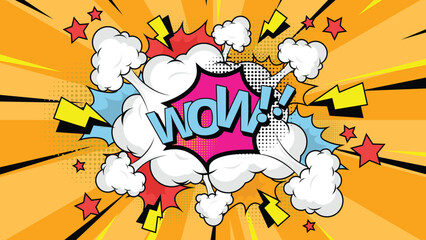 Comic speech bubble with text Wow!, vintage pop art halftone colorful background