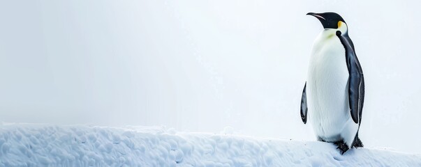 Obraz premium A solitary emperor penguin stands majestically on the snowy landscape, showcasing its elegant black and white feathers.