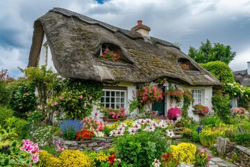 Cottage in Adare, Ireland: Thatched Roof Residence with Colorful Garden in Quaint European Village