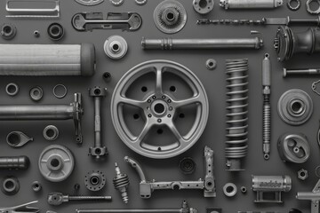 Various monochrome car parts on grey backdrop in adobe stock style, high detail realistic photo