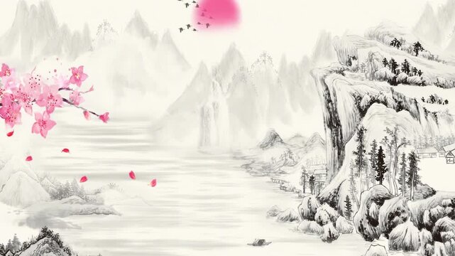 Fantasy bright ambience landscape ink painting of beautiful plum blossom morning sky, mountains, flowers, lake, ancient house with simple animation in Japanese Chinese anime watercolour style.