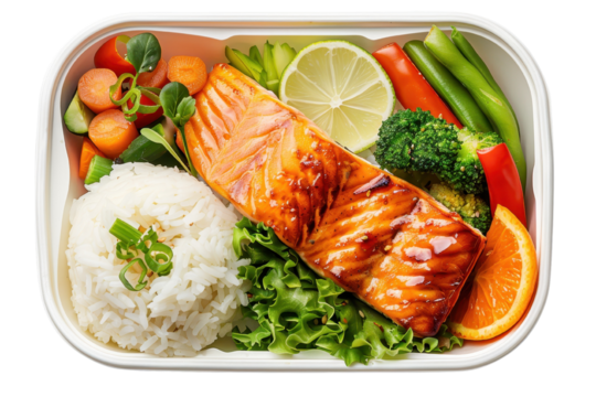 A vibrant, healthy meal featuring grilled salmon, fresh vegetables, and fluffy rice served in a convenient, eco-friendly container.