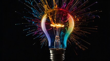 Explosion of liquid colors around a light bubble on solid black background, represent new ideas, thoughts and growth