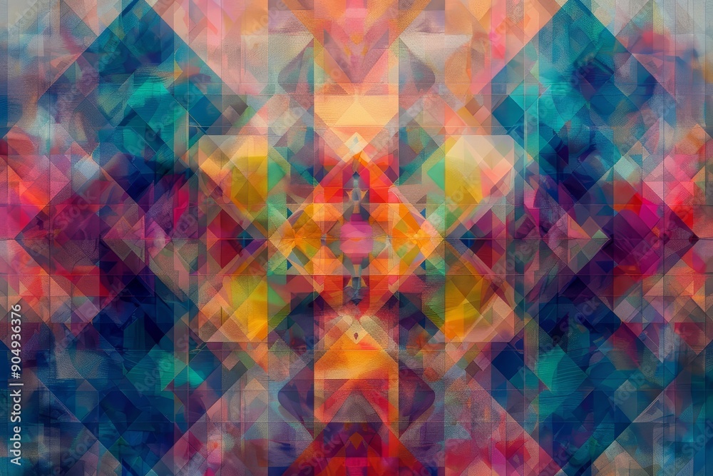 Poster a dynamic abstract painting featuring an array of colorful triangles in a kaleidoscope of shapes and