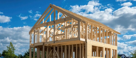 Obraz premium New house under construction. Wooden frame with truss, post and beams. Manufacture of houses made of wood