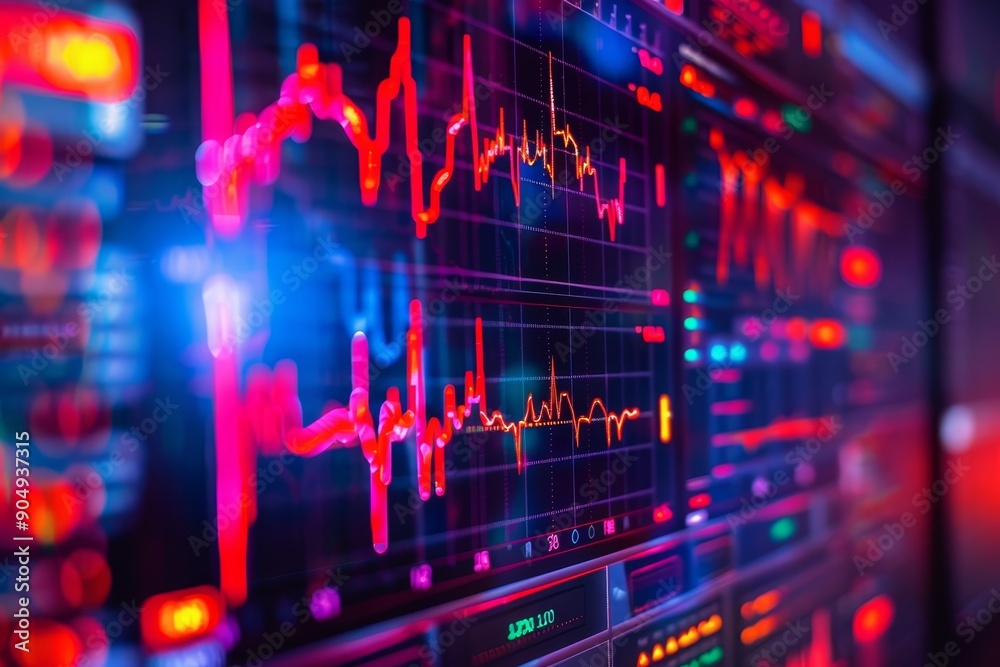 Poster detailed view of a computer monitor showing live financial data with geometric patterns resembling a