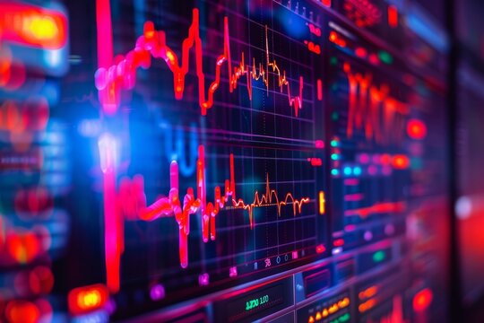 Detailed view of a computer monitor showing live financial data with geometric patterns resembling a pulsating heartbeat, Geometric patterns resembling a pulsating heartbeat on a monitor
