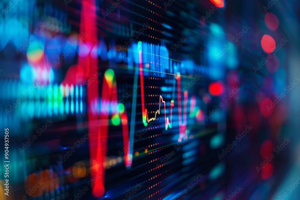 Poster abstract view of financial data displayed on a blurry computer screen, geometric patterns resembling