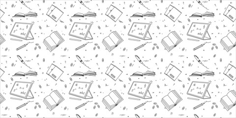 Back to school seamless pattern. Outline hand-drawn school objects seamless pattern. School background. Black and white drawing of a notebook, tablet, pen, copy books, pencil, book, and clips.