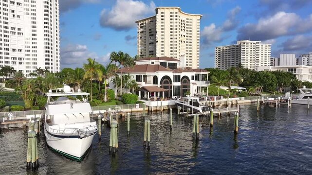 Yacht docked by luxury waterfront mansion in Florida. High-rise buildings and palm trees in the background. Aerial.