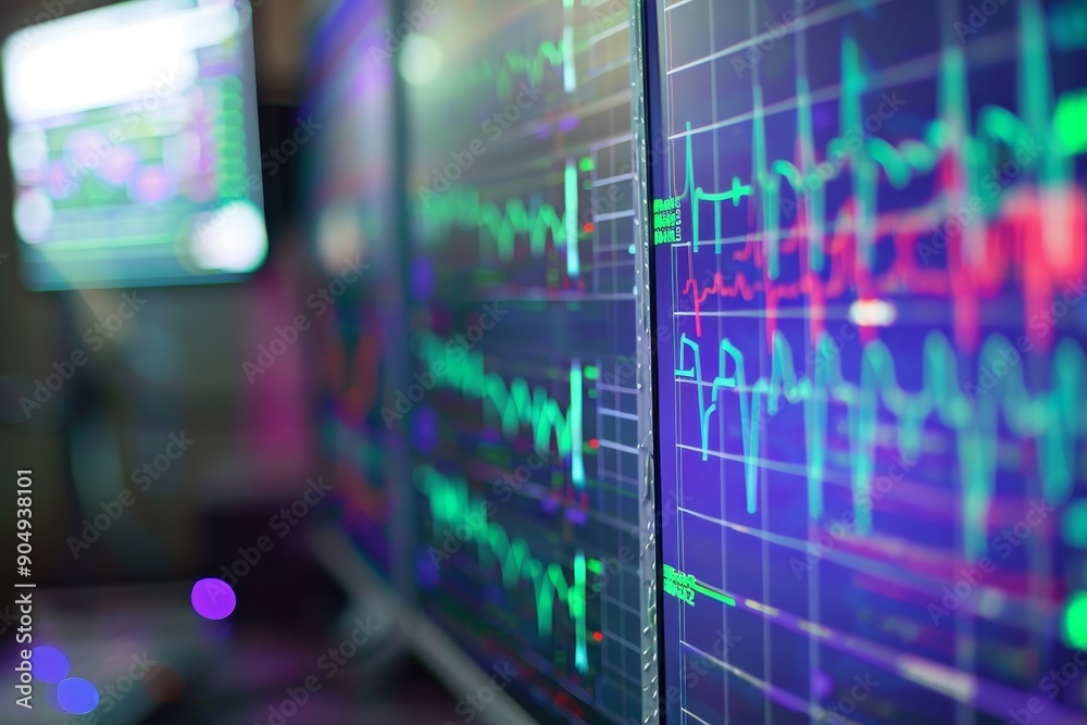 Poster a close-up view of several monitors displaying geometric patterns in a room, geometric patterns rese