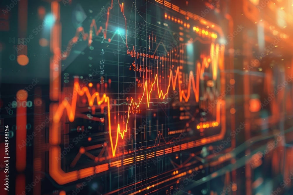 Poster a computer screen showing a live stock chart with fluctuating prices and trends, geometric patterns 