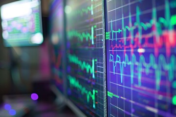 Obraz premium A close-up view of several monitors displaying geometric patterns in a room, Geometric patterns resembling a pulsating heartbeat on a monitor