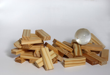 Earth concept in crisis. A crystal globe placed between the collapsed blocks.
