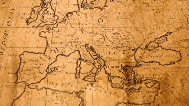 Vintage map of Europe highlighting historical boundaries and regions