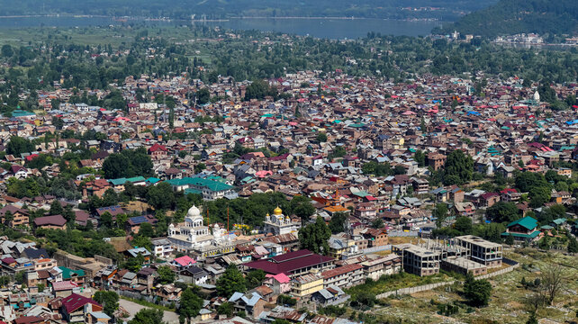 Beautiful view of Old Srinagar city and Gurudwara Chati Patshahi from Hari Parbat Fort, Srinagar, Jammu and Kashmir, India.