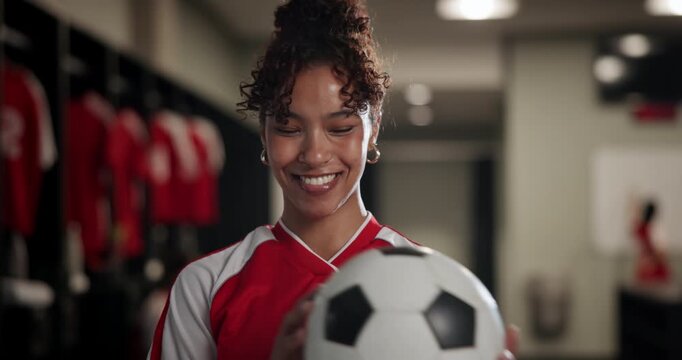 Woman, football and smile for sport in locker room with juggle for contest, challenge or performance. Person, athlete or soccer player with pride, happy and excited for professional career in Brazil