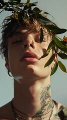 close up portrait of a young blonde boy with fashionable tattoos