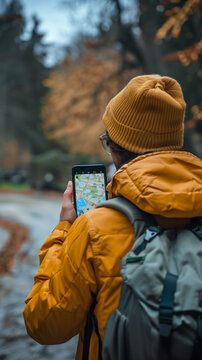 backpacker traveler with smartphone and map searching for adventure