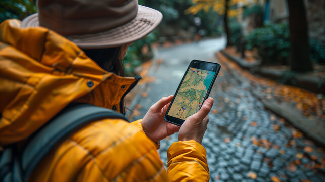 backpacker traveler with smartphone and map searching for adventure