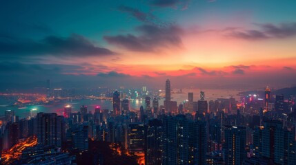 Fototapeta premium Futuristic cityscape at dawn, showcasing digital connectivity in modern urban infrastructure