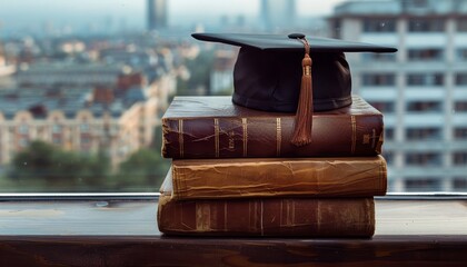 Obraz premium Vintage leather books and graduation cap on window sill against cityscape background