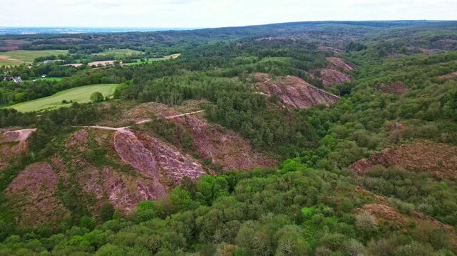 Val Sans Retour, Morbihan, Broceliande forest, Brittany in France. Aerial drone view
