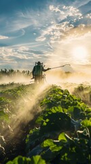  Organic Farming in Action: Farm Worker Spraying Natural Pesticides on Green Crops on Sunny Day. Sustainable Agriculture Practices Showcased in Vibrant Rural Landscape. Eco-friendly Crop Protection fo