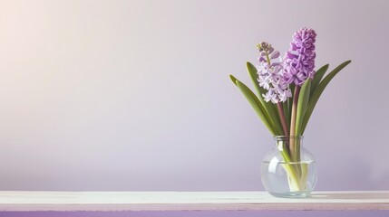 Hyacinths in glass vase on indoor table text space Spring blooms