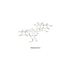 Maduramicin flat skeletal molecular structure Antiprotozoal drug used in coccidiosis treatment. Vector illustration scientific diagram.