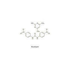 Nicarbazin flat skeletal molecular structure Antiprotozoal drug used in coccidiosis treatment. Vector illustration scientific diagram.