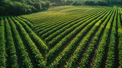Aerial View of Lush Green Agricultural Fields with Rows of Crops in a Rural Countryside Setting