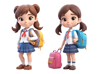 3d rendering girl cartoon characters with school bag isolated on transparent background, PNG file add