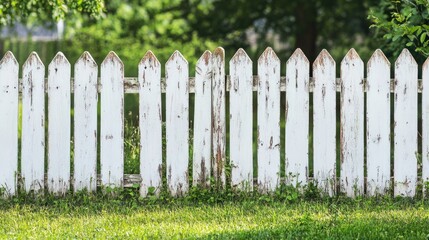 Obraz premium White wooden fence in the backyard and lawn