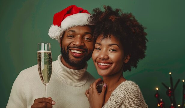 African American couple celebrating Christmas together wearing festive hats, cozy and joyful holiday moments - Powered by Adobe
