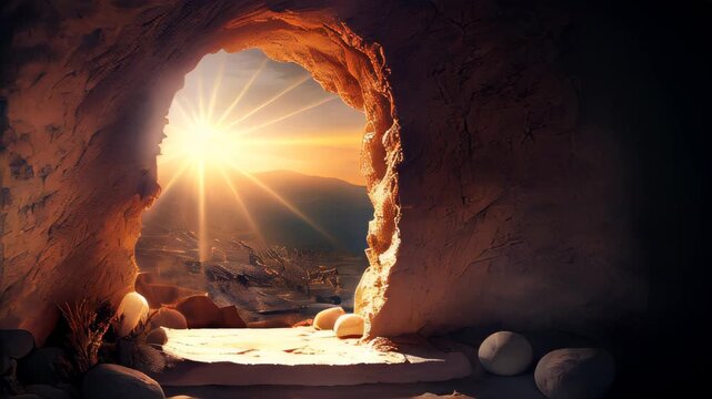 Empty tomb at sunrise. Concept of Easter