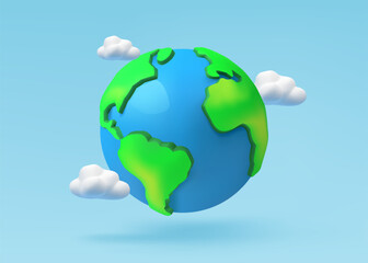 Earth's ecosystem with atmosphere, water and clouds surrounding the planet. 3d vector design.