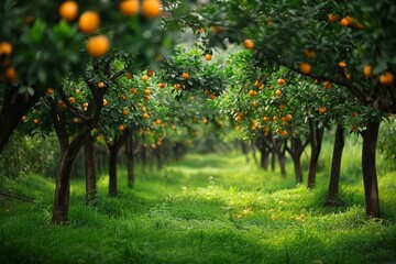 Serene landscape  orange orchard set against a backdrop of lush green grass and vibrant nature