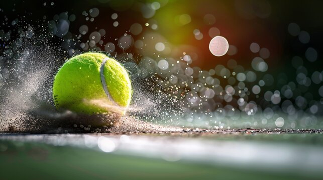 Tennis Ball Hitting Court Line with Dust, Action Shot