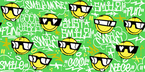 Funny Trendy Abstract Street Art Graffiti Style Happy Smiling Face Seamless Background Template