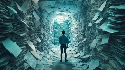 Man standing in a corridor filled with stacks of paperwork symbolizing overwhelming debt crisis