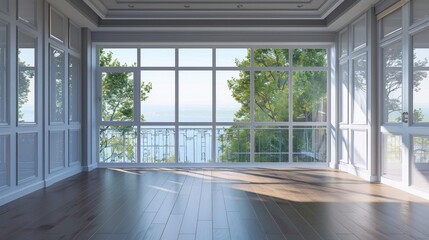 Empty room with large window overlooking balcony no occupants