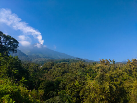 smoke coming out of the top of the active crater of Mount Welirang, in Mojokerto, East Java