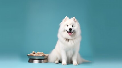Happy White Dog Sitting with a Bowl of Food